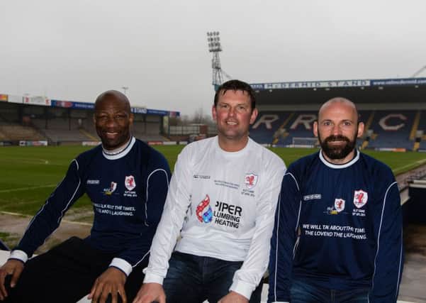 Marvin Andrews, Paul Browne and Colin Cameron with the new shirts to be worn for "Allys Game" at Raith Rovers Charity football game. Pic by Steven Brown Photography.