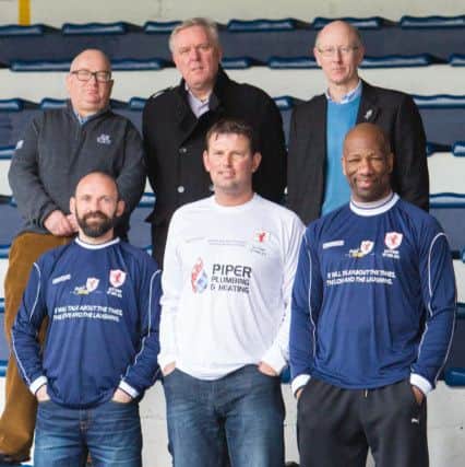 John Green, Allan Crowe, Alistair Cameron with players Colin Cameron, Paul Browne and Marvin Andrews at Raith Rovers Football Ground in Kirkcaldy launching Allys Game