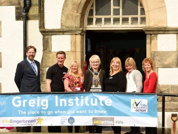 Depute Provost of Fife Kay Morrison officially reopens the Greig Institute with Kenny Murphy (FVA), Gareth Balmer (Addaction), Rhona Cunningham (Fife Gingerbread), Susanne McEneany, June Menzies and Angela Angel (CARF). Pic by FPA.