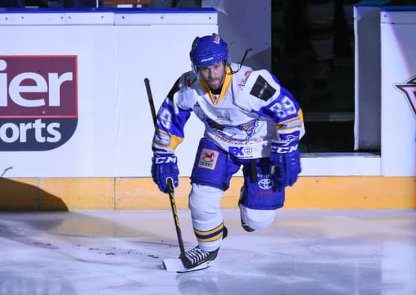Danny Stewart skates onto the ice ahead of the play-off semi-final against Nottingham Panthers, his penultimate game as a professional ice hockey player. Pic: Richard Davies