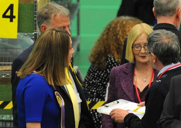 Michael Woods Sports Centre - Glenrothes - Fife - 
Election count - DAVID TORRANCE, JENNY GILRUTH WITH TRICIA MARWICK - 
credit - FPA  -