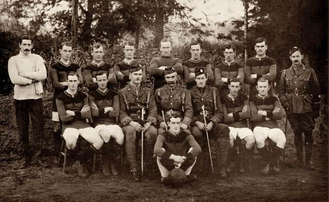 MacRae's Battalion with Jimmy Todd (second left, back row)  and Jimmy Scott (middle row, right) pictured in October 1915