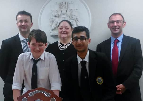 Kyle Pitcaithly and Umar Mohammed from KHS  are pictured with judges Adrian Cottam, Louise Johnson (Legal Rights, Scottish Women's Aid) and Graeme Jessop (Procurator Fiscal)