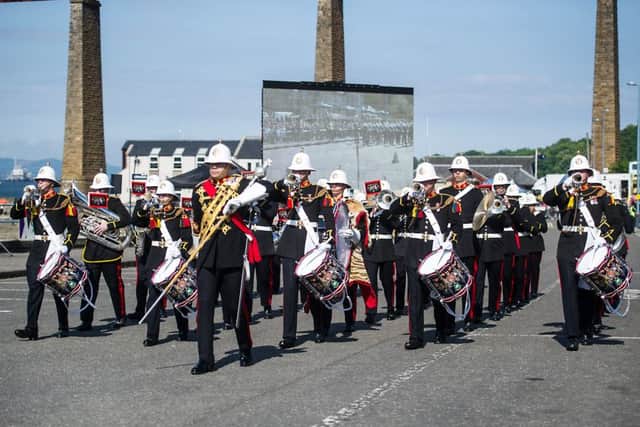 The Band of HM Royal Marines (Scotland) led the community on a parade through the streets of South Queensferry. (Photo: John Devlin)