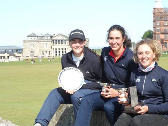 The winnng team of Chloe Salort, Anais Meyssonier, and St Rule Trophy winner Pauline Roussin-Bouchard. Picture by Judy Aitken and words Colin Farquharson.