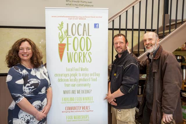 Yvonne Alexander, Local Food Works project co-ordinator, Sam Docherty, Local Food Works gardener and Ninian Stuart, Head of Strategy at the Centre for Stewardship.
