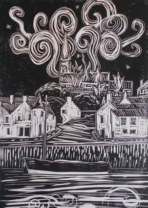 Robin Forsyth's lino-cut of the Challmers Church fire in Anstruther 25 years ago.
