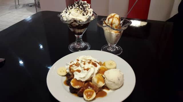 Nicely presented... before we scoffed the lot! A hand-picked sundae, waffles and Robert the Bruce sundae.
