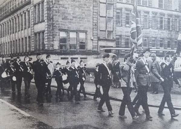 The 4th Kirkcaldy Company of the Boy's Brigade passing Fife College in March 1984.