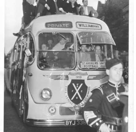 St Andrews United Football Club parading in coach to celebrate winning Fife League Cup 1959-1960.