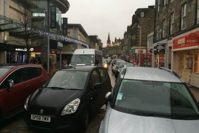 Cars backed up in the pedestrianised zone of Kirkcaldy High Street