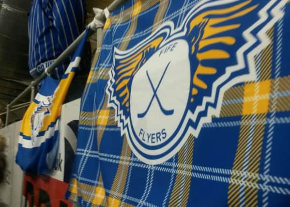 Fife Flyers fans flags rinkside for the play-off game v Braehead Clan
