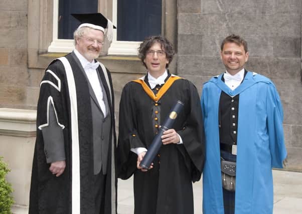 Author Neil Gaiman was made an honorary DLitt at St Andrews University 21 06 16 Pic shows from left Acting Principal Prof Gary Taylor, Neil Gaiman, Dr Crhis Jones, laueator
