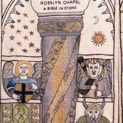 The Rossyln Chapel section from The Great Tapestry of Scotland, measuring 143 meters which shows important moments in Scottish history from pre-history to modern times. See Centre Press story CPTAPESTRY; Fears have been raised that the mystery theft of a stitched panel depicting the suspected resting place of the HOLY GRAIL will never be solved. Police are still hunting a thief who nicked a stitched panel from the Great Tapestry of Scotland depicting the iconic Rosslyn Chapel in June. It is one of 160 individual panels which make up the artwork, stitched together by more than 1,000 volunteers from across country.