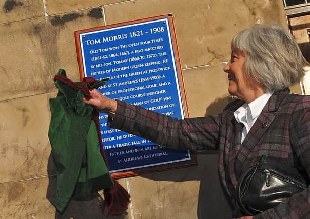 Sheila Walker (great, great, grand-daughter of Old Tom Morris) unveiling the blue plaque that recognises Tom's golfing achievments & his association with The New Golf Club, St Andrews