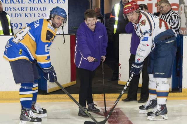 Cath drops the puck at a game last year in aid of Kidney Research UK
