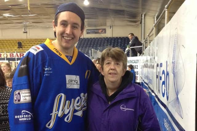 Cath with her favourite player Shane Stockton at the Kidney Reasearch UK fundraising event at Fife Ice Arena