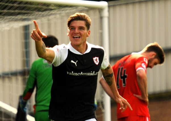 Ross Callachan celebrates scoring Raith's second against St Mirren on Saturday -  copyright - Fife Photo Agency