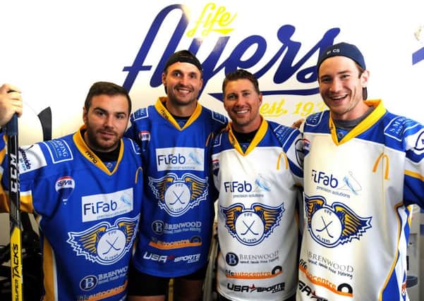 Flyers new recruits (from left) Carlo Finucci, David Turon, Brendan Brooks and Chase Schaber are ready for start of the EIHL season. Pic: Fife Photo Agency
