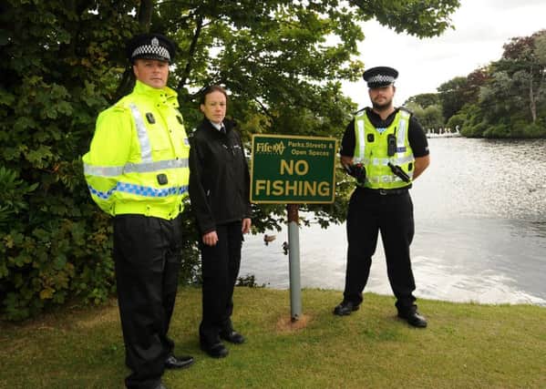 Wildlife liaison officer Lindsay Kerr meets Inspector Sarah Gregory of the SSPCA and PC Cameron Lee to highlight issue of illegal fishing on the pond at Beveridge Park.