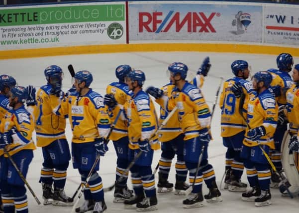 Fife Flyers steam celebrates its opening night win over Belfast Giants (Pic: Cath Ruane)