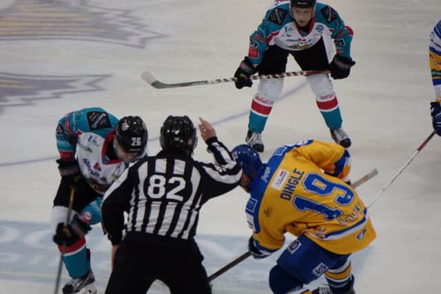 Ryan Dingle, Fife Flyers at a face off versus Belfast Giants (Pic: Cath Ruane)