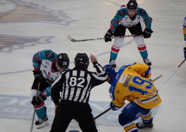 Ryan Dingle, Fife Flyers at a face off versus Belfast Giants (Pic: Cath Ruane)