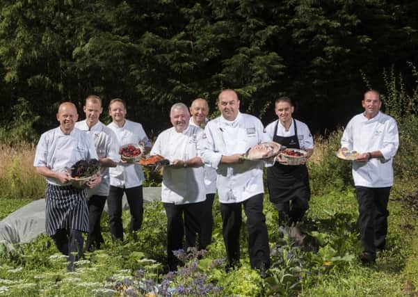 (LtoR)
Michael Henderson, chef/lecturer Fife College; Frank Trepesch, executive chef Fairmont St Andrews; Geoffrey Smeddle, chef/proprietor Peat Inn; Ian MacDonald, executive chef, St Andrews Links; David Kinnes, head chef Rufflets Country House Hotel ; Martin Hollis, executive chef Old Course Hotel, Golf Resort and Spa; Stewart MacAulay, head chef The Adamson, St Andrews; Wullie Balfour, chef/lecturer SRUC Elmwood. Pic Alan Richardson