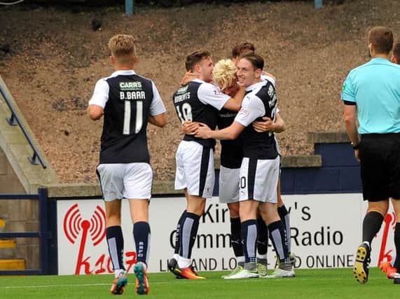 Raith players celebrate Kevin McHattie's opener against Dumbarton. Pic: Fife Photo Agency