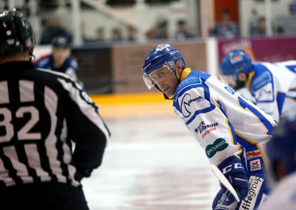 Ryan Dingle ready for a face-off during Fife Flyers defeat to Dundee Stars on Sunday. Pic: Steve Gunn