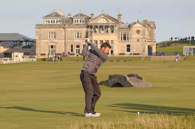 Scott Jamieson drives at the eighteenth hole of the Old Course, St Andrews, during practice ahead of the Alfred Duhill Links Championship 2016. Picture by John Stewart.