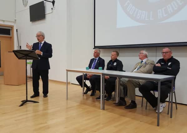 Henry McLeish - chairman of the Fife Elite Football Academy - delivers his vision at Auchmuty High School.