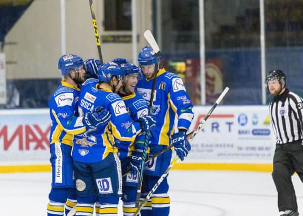 Fife Flyers celebrate a Ryan Dingle goal against Coventry Blaze (Pic: Martin Watterston)