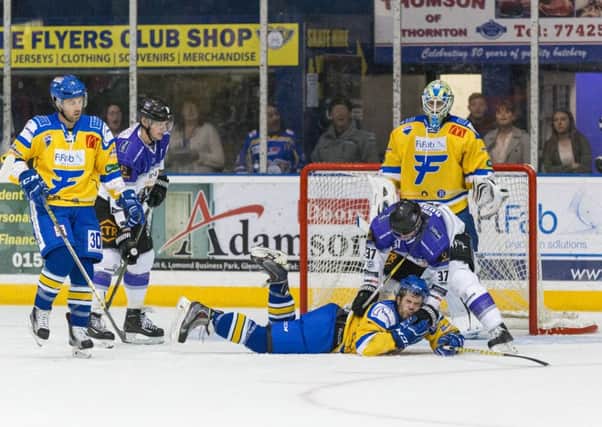 Jay Rosehill, Braehead Clan, was thrown out for this cross-check on Fife Flyers' defenceman James Isaacs (Pic: Martin  Watterston)