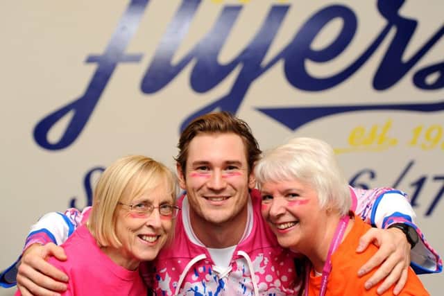 Chase Schabel is joined by Breast Cancer Care Scotland volunteers Linda Selman and Liz Ferguson