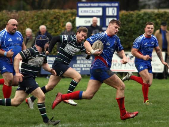 Rhys Bonner charges towards the GHK line for a second half Kirkcaldy try. Pic: Michael Booth