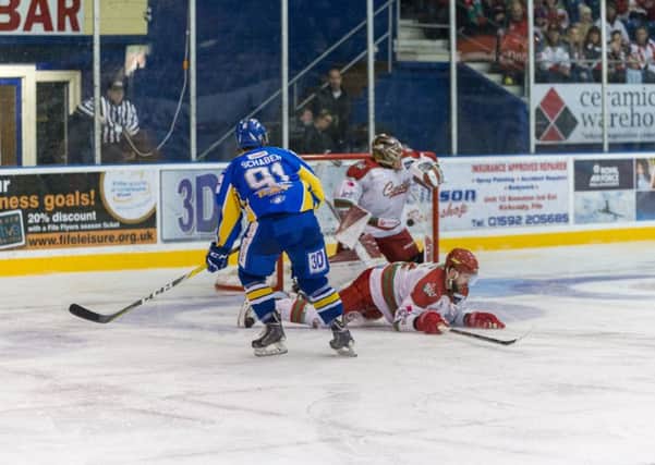 Chase Schaber watches as his shots finds the back of the net against Cardiff Devils last Sunday. Pic: Martin Watterston