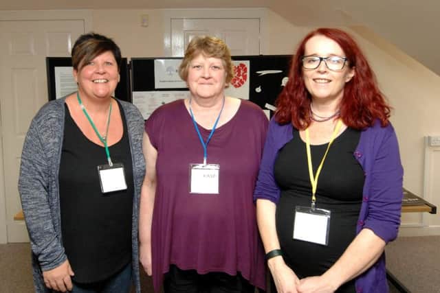 Staff at the opening of KASP and FRASAC's new premises, from l to r, 40 High St - Kirkcaldy - Fife -  Opening of new Rape and Sexual Abuse Centre - KASP 9Kingdom Abuse Survivors Project ) staff - Lorraine Cafferkey, Susan Hunter and Marnie Collin (All pics by Fife Photo Agency)