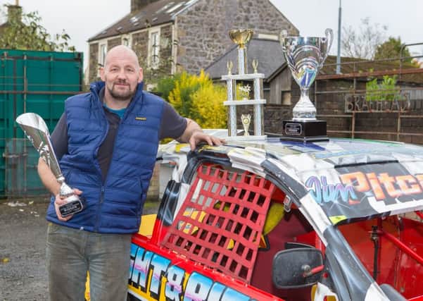 Jim Pitcaithly (38) from Kirkcaldy is overjoyed after winning 4 trophies this year. Irish Masters, British Championship, Scottish Championship and Cowdenbeath Track Champion. Pic: Steven Brown