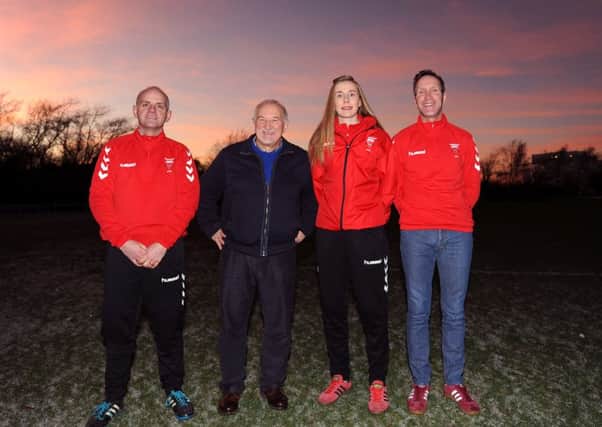 Kirkcaldy YMCA Junior FC - Denfield Park - Kirkcaldy - FIFE -  New Kirkcaldy YM manager Kenny Crawford with female assistant manager Charlene Lessells,  Billy Blyth and chairman Ramsay Budd
credit - fife photo agency -