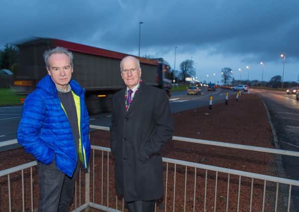 Cllr John Beare and Cllr Ross Vettraino at the A92 where they are proposing Fife Council part fund safety improvements to the accident black spot. Pic Steve Brown.