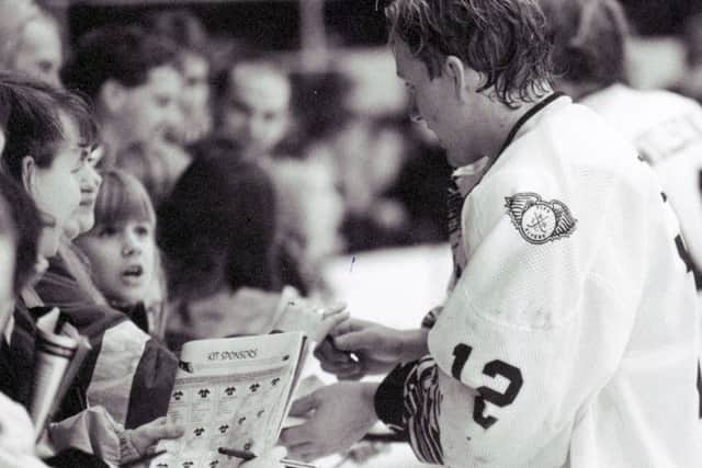 Fife Flyers CHAS fundraising night from 1990s - Steven King signing autographs during the post-game event
