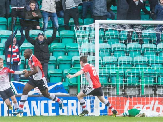 Raith celebrate Jean-Yves M'voto's opener at Easter Road. Pic: Ian Georgeson