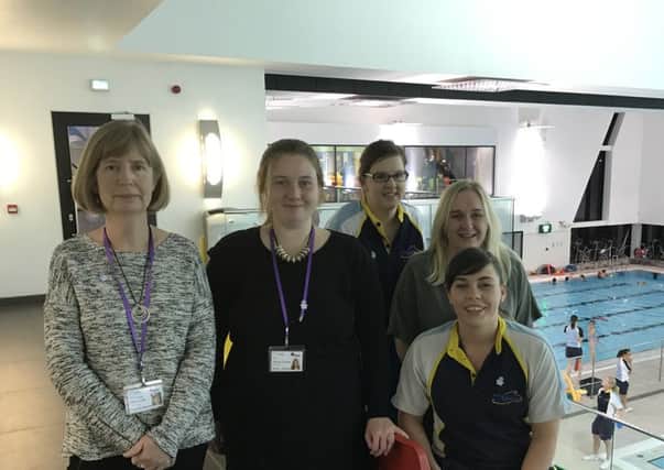 Left to right: Jane Maskelyne and Amanda Hunter from Alzheimer Scotland, with Fife Sports and Leisure Trusts Amy Williams (leisure attendant), Sharon Johnstone (area leisure manager) and Natalie Page (leisure attendant).
