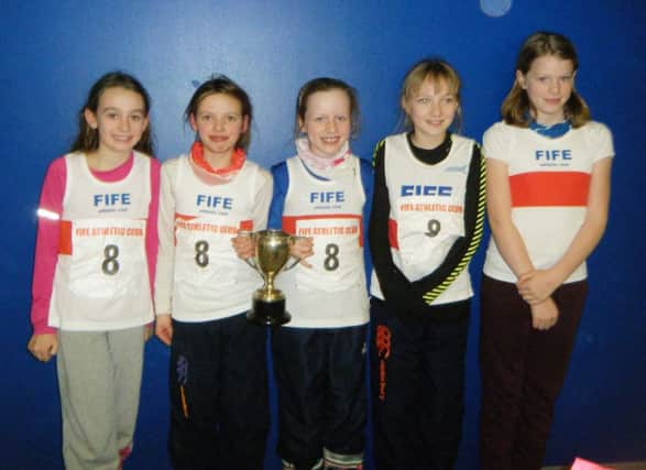 Fife AC Under 11 Girls League Champions Lucy Nutall, Freya Hedley, Isla Toms, Ruby Methven and Eilish Noble. Missing from photo Katie Sandilands.