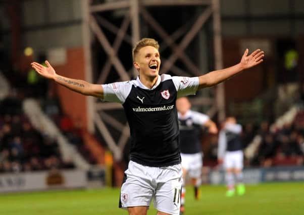 Bobby Barr celebrates scoring for Raith in Wednesday's cup replay at Tynecastle -  credit- Fife Photo Agency
