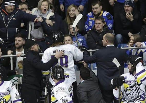 Eric Neilson,. Manchester Storm, confronts the Fife Flyers fans behind the team bench (Pic: Steve Gunn