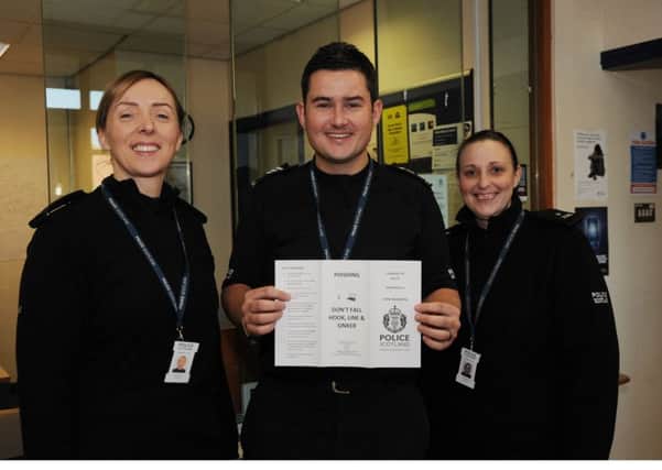 PC Lorraine King, Sgt Craig Fyall and PC Kerry Anderson at the launch of the Signpost To Safety campaign at Levenmouth Police Station. Pic by George McLuskie.