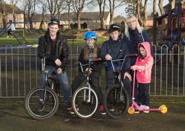 The skate ramps were removed from Pipeland Road park. Left to right: Sean McGill, Harry Dobson, Lewis Dobson, Iona Potter and Alyssa Potter-Cunningham. Pic: Peter Adamson