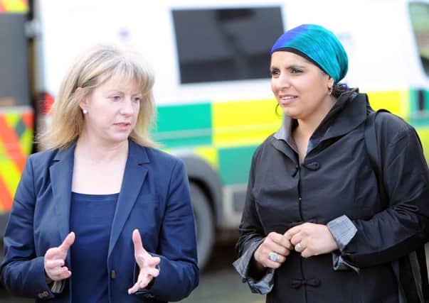 Health Secretary  Shona Robison with Dr Saleyha Ahsan from BBCs Trust Me Im a Doctor at a visit to Victoria hospital in Kirkcaldy.